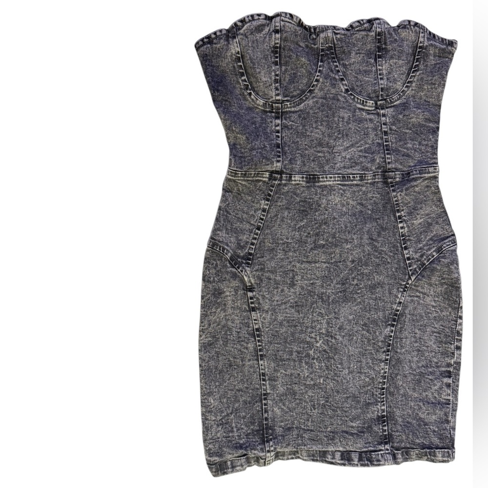 Parisian Denim Strapless Dress, gray with black, size 6 (S)